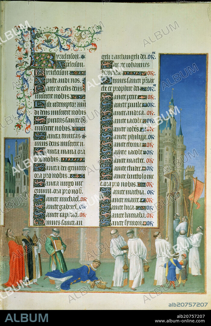 HERMANOS LIMBOURG (S XV). MUY RICAS HORAS DEL DUQUE DE BERRY-PROCESION DE S GREGORIO PIDIENDO PROTECCION PARA ROMA CONTRA LA PLAGA-MINIATURA DEL SIGLO XV.