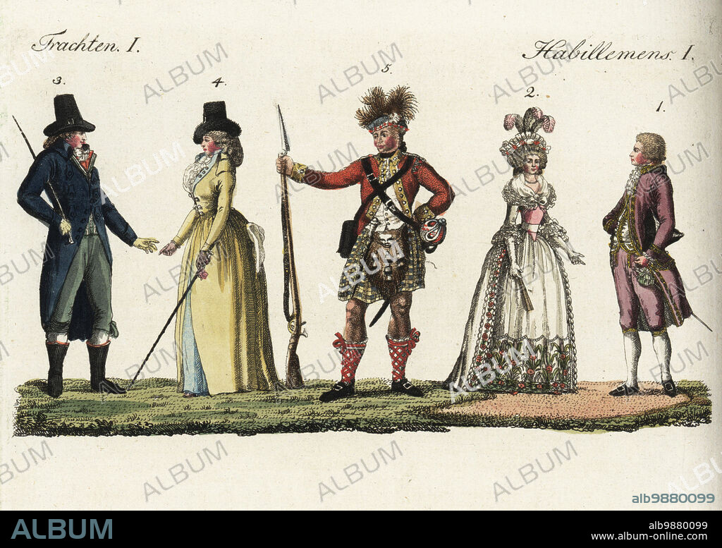 Costumes of European people, 18th century. French gentleman and woman in high fashion 1,2, Englishman and woman in casual clothes, top hats and riding coats 3,4, Scottish highlander in military wear, red coat, tartan kilt, sealskin sporran and plumed hat, armed with musket and claymore 5. Handcoloured copperplate engraving from Friedrich Johann Bertuch's Bilderbuch fur Kinder (Picture Book for Children), Weimar, 1792.