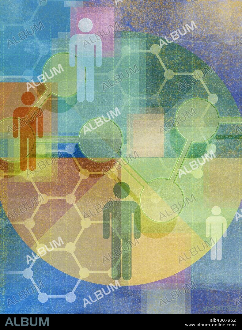 Molecules and hexagon network pattern connecting stick figure men on pie chart.