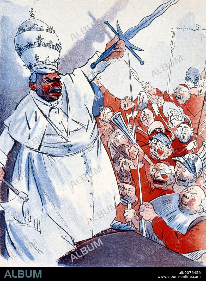 cartoon by Jules Maurice Radiguet (1866 -1941) also known under the pseudonym Rad, illustrator, caricaturist and author French cartoon. Depicting Pope Pius X (head of the Catholic Church from August 1903 to his death in 1914).