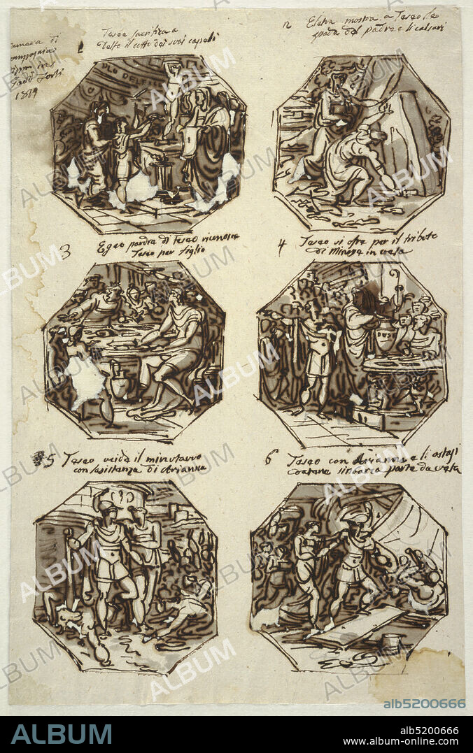Six Theseus Subjects for the Palazzo Gaddi, Forli, Felice Giani, Italian, 17581823, Pen and ink, brush and grey watercolor wash over black chalk on paper, Six octagonal drawings of Theseus subjects. Written top left, 'Camera di/ compagnia/ dipinto in/ Gaddi Forli/ 1819.' Top row: Theseus as boy sacrifices hair to Apollo in Delphi. Accompanied by mother, Aethra, and companions, boy raises hair to statue of gods. Priests stand right. Written with ink on top, caption 1: 'Teseo sacrifica a /Delfo il ciuffo dei suoi capelli.' Theseus takes sword and shoes of Aegeus beneath stone. Aethra stands behind him. Caption 2: 'Electtra mostra a Teseo la/ spada del padre e li calzari.' Central row: Theseus, showing sword at table is recognized by father. Caption 3: 'Egeo padre di Teseo riconosce/ Teseo per figlio.' Theseus presents himself in Athens to do battle against Minotaur. He stands beside priest, the secretary ready to draw lots for youths and maidens to be sent as tribute to Crete. 'REST' is written on urn. Caption 4: 'Teseo ofre per il tributo/ di Minose in creta.' Bottom row, Theseus and Ariadne stand beside Minotaur's corpse. Jubilant and thankful crowd shown at right. Caption 5: 'Teseo ucide il minutauro/ con l asistenza di Arianna.' Theseus and Ariadne board sailing ship. They are followed by girls and youths. Caption 6: 'Teseo con Arianna e li ostagi/ d atene sinbarca parte da creta.', Italy, 1819, figures, Drawing, Drawing.