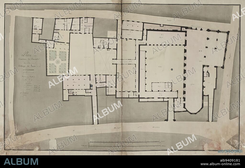 Plan of the Carmelite convent and the college of Laon, Vaudoyer, Antoine Laurent Thomas, Draughtsman, Drawing, Graphic arts, Drawing, Architectural drawing, Pencil, Pen, Wash, Watercolor, Height: 57 cm, Width: 87.5 cm.