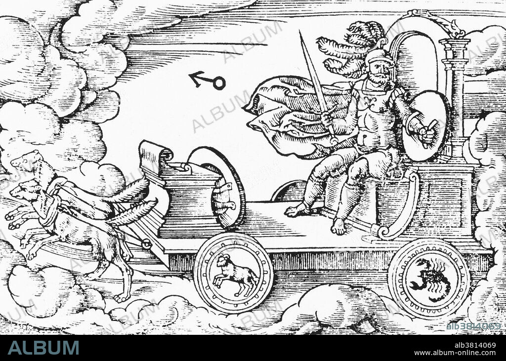 Mars, fully armed and armored, rides his dog-drawn chariot, its wheels bearing the symbols of his astrological 'houses', Aries and Scorpio. Also note the astronomical symbol for the planet Mars, which is the same symbol for the male sex, as well as the alchemical symbol for iron. Its shape is derived from Mars' sword and shield.Mars was the Roman god of war and also an agricultural guardian, a combination characteristic of early Rome. He was second in importance only to Jupiter, and he was the most prominent of the military gods worshipped by the Roman legions. His festivals were held in March, the month named for him (Latin Martius), and in October, which began and ended the season for military campaigning and farming. Under the influence of Greek culture, Mars was identified with the Greek god Ares, whose myths were reinterpreted in Roman literature and art under the name of Mars. Although Ares was viewed primarily as a destructive and destabilizing force, Mars represented military power as a way to secure peace, and was a father (pater) of the Roman people. In the mythic genealogy and founding myths of Rome, Mars was the father of Romulus and Remus with Rhea Silvia. His love affair with Venus symbolically reconciled the two different traditions of Rome's founding.