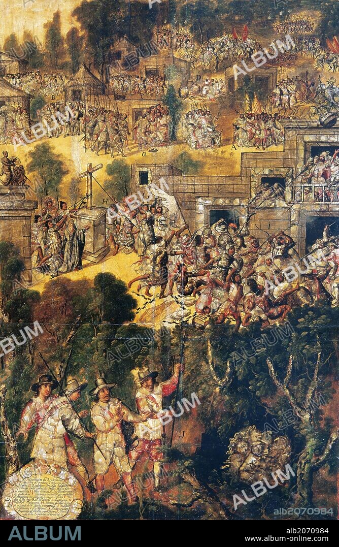 CONQUISTA DE MEXICO (1519). Cuadro enconchado de Miguel GONZÁLEZ (1698), donde describe distintas etapas de la CONQUISTA DE MEXICO realizada por Hernán Cortés y su ejército. Museo de América. Madrid. España.