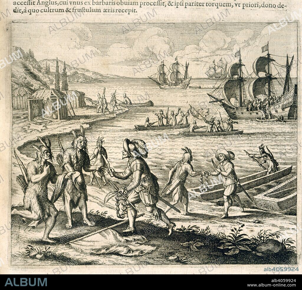 THEODOR DE BRY. John Guy trades with the Indians, Newfoundland, 1612, (c1627-1628). A party of Europeans trades with the Beothuk, a tribe of Native Americans on the coast of what is now Canada. Guy holds a knife, arrow, necklace and feather; one of the Native Americans holds a hat he has just received. In the background are the Europeans' galleons, and Indian canoes. This image has sometimes been used in early works to illustrate a meeting between Bartholomew Gosnold and Indians in Virginia. America- part XIII - Latin. Frankfurt, 1634. Source: G.6631, plate V.