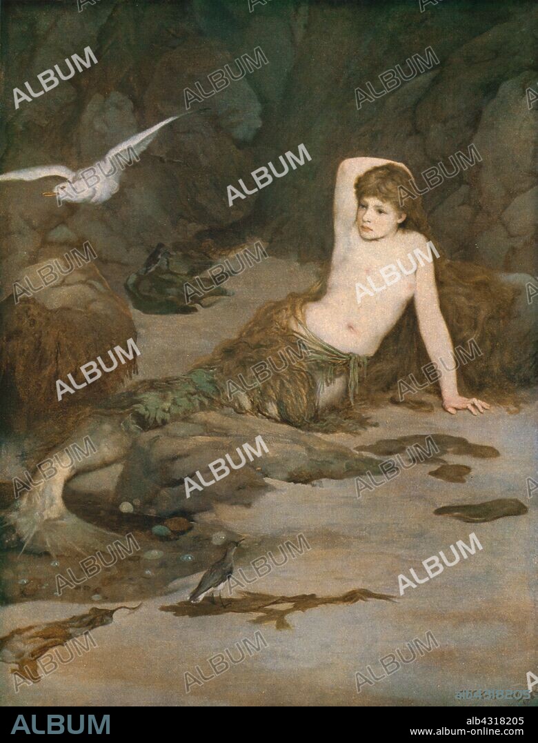 CHARLES NAPIER KENNEDY. 'The Mermaid', late 19th century, (c1930). Young woman wrapped in seaweed, sitting on a rocky beach, with her tail in a rock pool. From "Modern Masterpieces of British Art". [The Amalgamated Press Ltd., London, c1930].