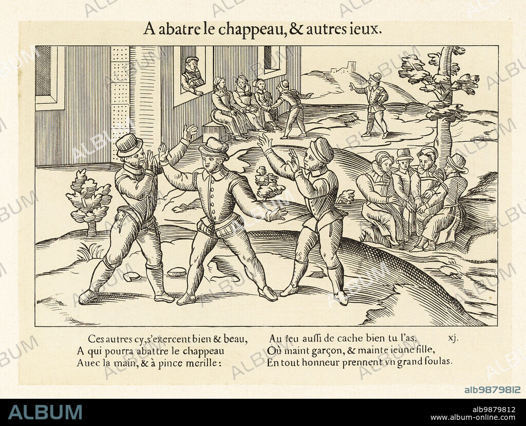 Medieval children playing the game of Knock off the Hat. Others play pince merille, a pinching game. A abatre le chappeau, et autres jeux. Lithograph after a woodcut from 1587 from Henry Rene dAllemagnes Recreations et Passe-Temps, Games and Pastimes, Hachette, Paris, 1906.