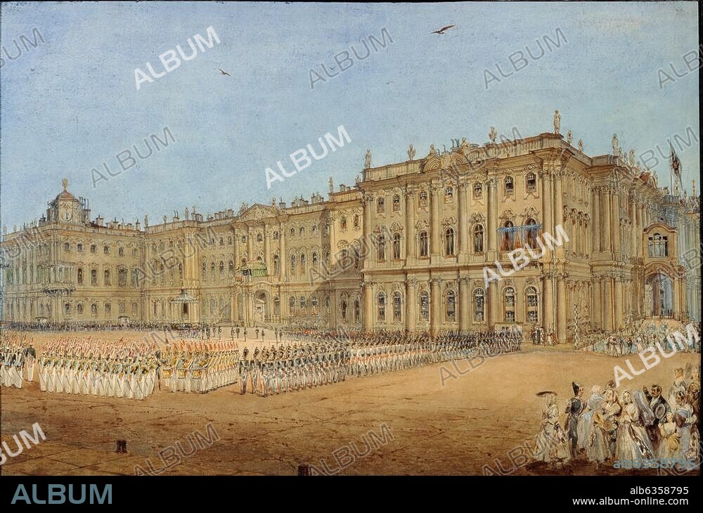 St. Petersburg (Russland), Winterpalais - Zimni Dworets. (1754-64 errichtet; Arch.: B.Rastrelli). Truppenrevue vor dem Winterpalais. Aquarell, 1840er Jahre, von Wassili Semionowitsch Sadownikow (1800-1879). Auf Papier, 27 × 39,4 cm. St. Petersburg, Staatl. Russisches Museum.