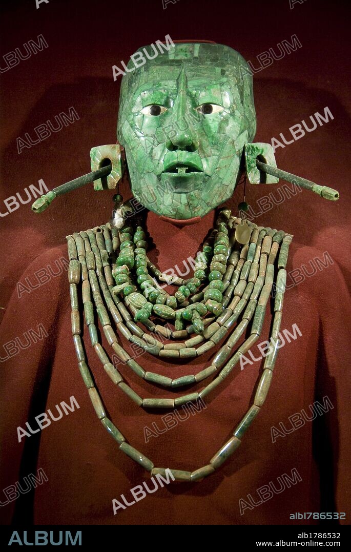 Mexico.Mexico city.National Museum of Antropology.Maya culture.Funerary Mask of jade and funerary offerings of Pakal King of Palenque in Chiapas.