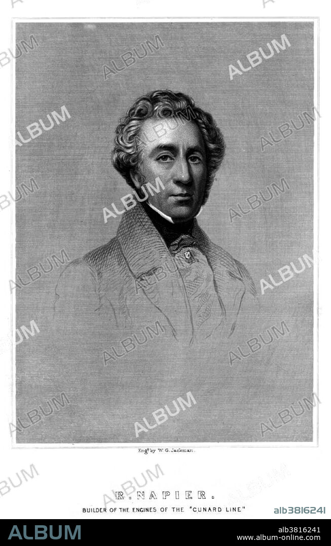Robert Napier (June 21, 1791 - June 23, 1876) was a Scottish engineer. He was born at the height of the Industrial Revolution into a family of esteemed bell-wrights, blacksmiths, and engineers. He apprenticed with his father for five years, after which time he moved to Edinburgh. In 1823 he won a contract to build a steam engine for the paddle steamer Leven. The engine was so good that it was later fitted to another ship, the paddle steamer Queen of Beauty. In 1827, he built the engines of both of the two fastest ships to compete in the Northern Yacht Club's August Regatta: the paddle steamers Clarence and Helensburgh. He continued building steamship engines, eventually expanding into steam engines for ocean-going vessels. His largest success came from his business deals with Samuel Cunard. They he co-founded the British and North American Royal Mail Steam Packet Company. In 1841 he expanded his company to include an iron shipbuilding. He procured a contract with the Royal Navy to produce vessels, notably the Jackal, the Lizard, and the Bloodhound, which became the first iron vessels in the Royal Navy. In 1875 his wife of 57 years, Isabella, died. Shortly afterwards, he fell seriously ill, and died the next year, in 1876 at the age of 85.