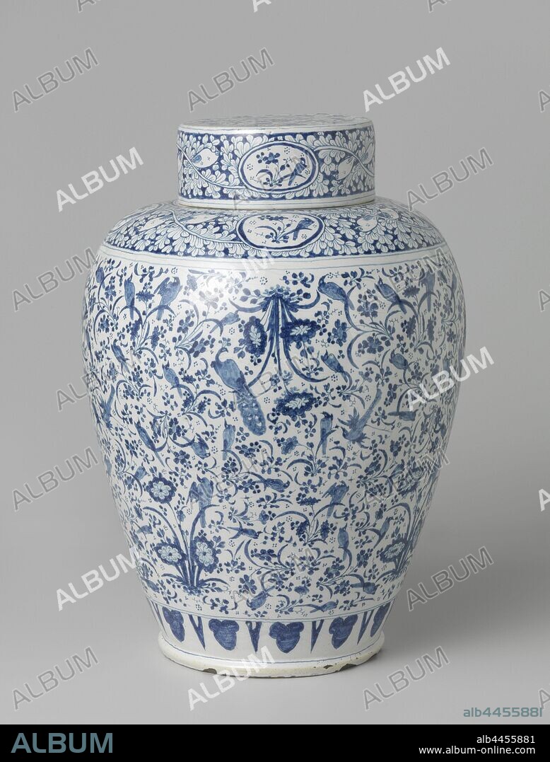Lidded vase Vase with lid, Large pot with lid of earthenware, spherical, rejuvenating downwards. The lid has a straight wall and is flat at the top. Painted in blue on the white tin glaze with a pattern of flower sprays and birds. Above the base a frieze of hanging leaf motifs. leaf vines with birds swinging on the shoulder and on the lid wall, interrupted by oval fields with a flower branch on which a bird sits, floral interlace, ornament, De Drie Posteleyne Astonne, Delft, c. 1695 - c. 1700, h 49 cm × d 35.8 cm.