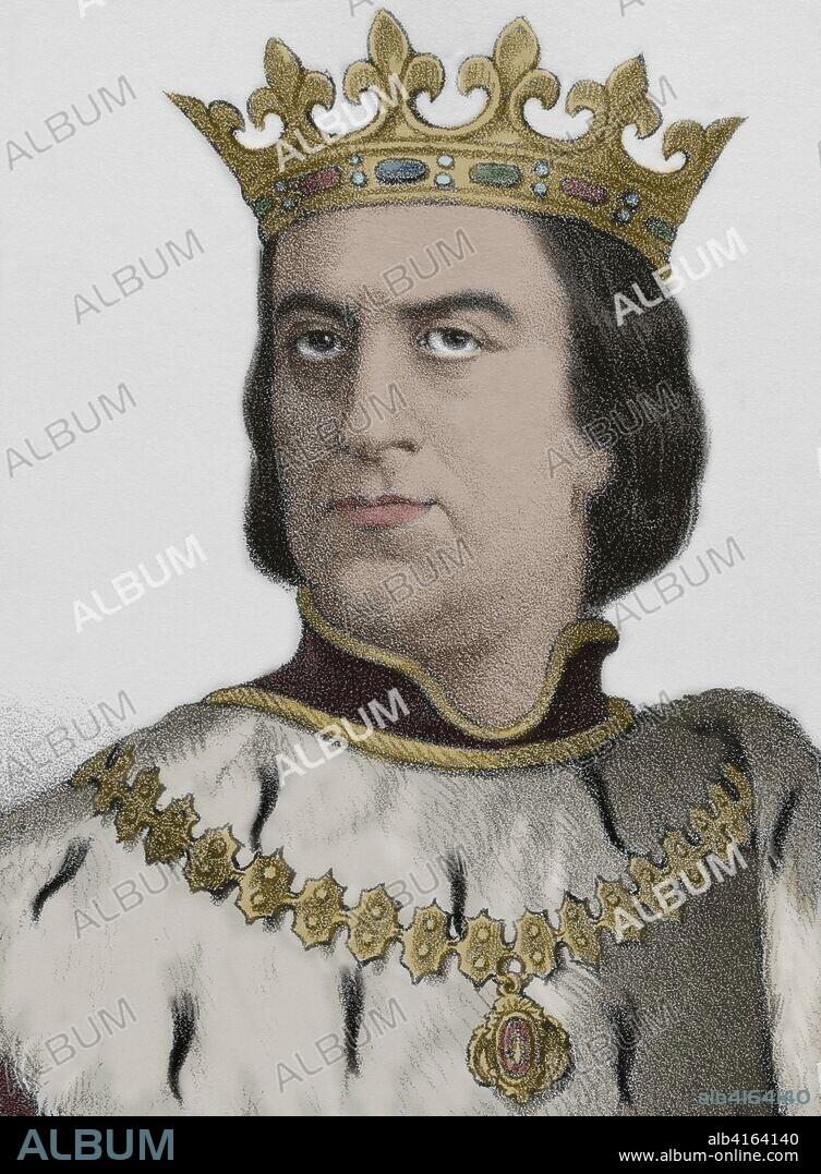 Martin of Aragon the Humane (1356-1410). King of Aragon, Valencia, Sardinia, Corsica and Count of Barcelona. Lithography, detail. Later colouration. Cronica General de Espa–a, Historia Ilustrada y Descriptiva de sus Provincias. Catalonia. 1866.