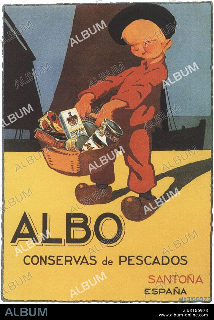 Publicidad. Conservas de pescado Albo, de Santoña. Cartel de 1920. Facsímil de 1960.