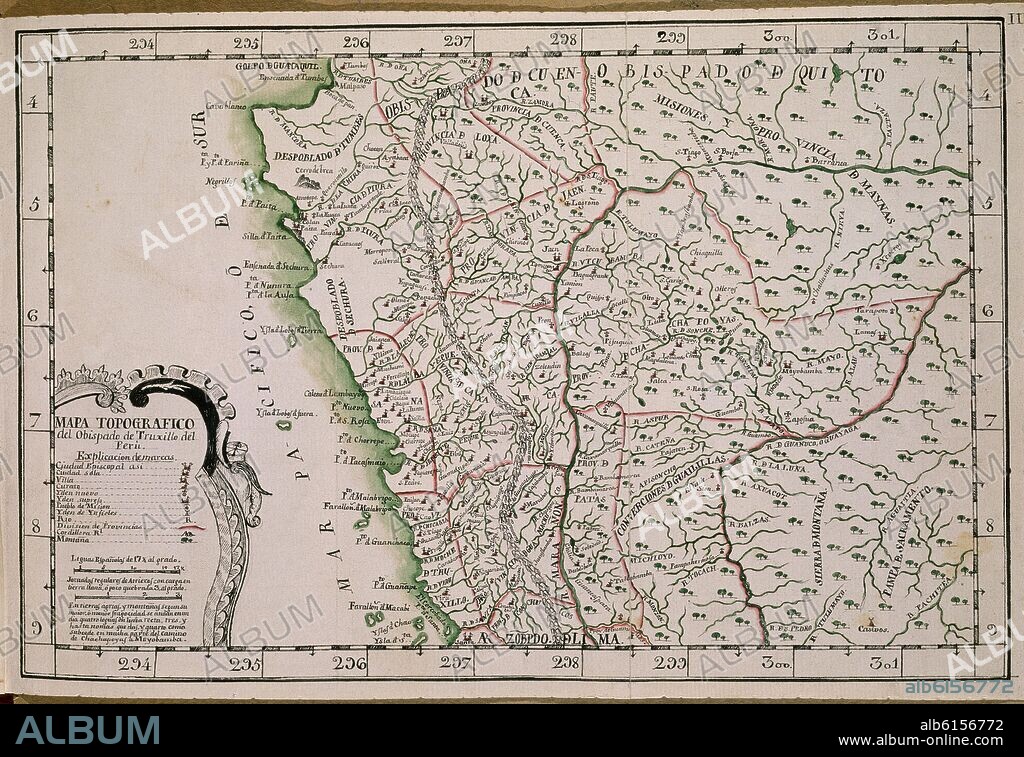 MARTINEZ COMPAÑON BALTASAR. CODICE TRUJILLO DEL PERU - TOMO IX - MAPA TOPOGRAFICO DEL OBISPADO DE TRUJILLO DEL PERU - ACUARELA - SIGLO XVIII.