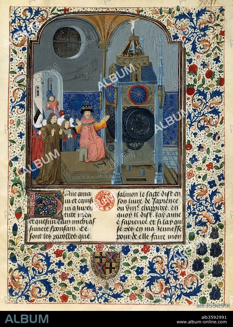 MASTER OF MARGARET OF YORK. Louis de Gruuthuse before an astronomical clock (From: Horloge de Sapience by Henri Suso).