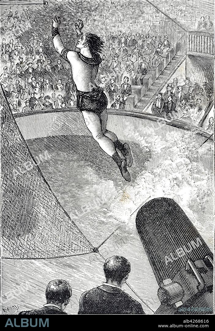 Engraving depicting 'The Man Bombshell': this act gave the impression that the acrobat was fired from a cannon by the force of an explosion. What really occurred was that a powerful spring ejected the acrobat just before a small charge was set off, giving the impression that the explosion was the cause of his flight. Dated 19th century.