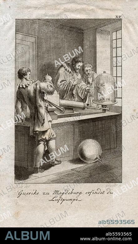 Guericke, Otto von, Physiker, Bürgermeister von Magdeburg. (1646), Magdeburg 30.11.1602 - Hamburg 11.5.1686. - Guericke erfindet die Luftpumpe. (um 1650). Radierung von C.G. Geyser nach B. Rode. Aus: Schröck's Weltgeschichte, 1789-84. Berlin, Sammlung Archiv für Kunst und Geschichte.