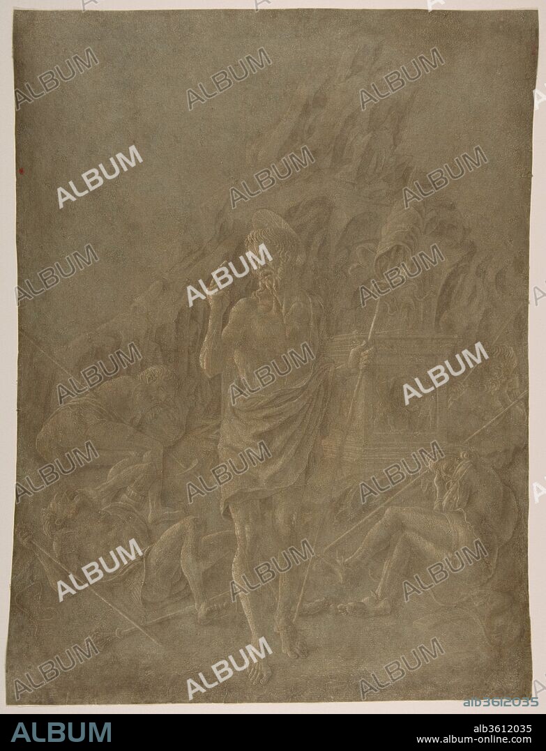 The Resurrection. Artist: Marco Zoppo (Marco Ruggeri known as Lo Zoppo) (Italian, Cento 1431/32 - ca. 1478 Venice). Dimensions: 14-3/8 x 27-3/8 in.  (36.5 x 69.6 cm). Date: ca. 1465.
Zoppo was a painter and draftsman active in Padua, Venice, and Bologna, a friend of Andrea Mantegna, and an artist admired in humanist circles.  In this rare, large scale drawing of about 1465, Christ has risen from the tomb while three guards slumber, oblivious to the event. The statuesque figure of Christ, based on Donatello's Saint John the Baptist of 1438 (Frari, Venice), moves directly toward us and raises his hand to give his blessing, a composition of great immediacy. Zoppo, like Mantegna, crisply defined the forms with strokes of dark wash and white heightening.  The paper has darkened somewhat, but the evocative chiaroscuro effects indicate he intended to represent this miraculous occurrence at night. Previously attributed to Andrea Mantegna, the drawing is now generally recognized as the work of Zoppo: a similar study by the artist can be found in the Keeling Saint now in the British Museum, London (inv. 1875,0710.1039).  (CCB, 1999).