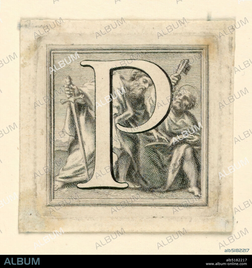 Decorated Capital Letter P, Jakob Frey, Swiss, active Italy, 1681 - 1752, Giovanni Passari, Italian, Engraving on paper, Letter P before St. Peter and St. Paul., Rome, Italy, ca. 1715, ephemera, Print, Print.