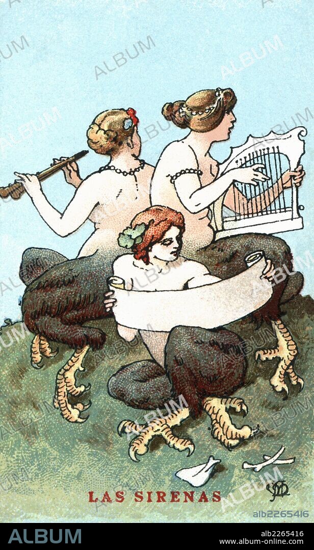 APEL·LES MESTRES I OÑÓS. Mitología. Las Sirenas, deidades marinas descritas como mujeres hermosas con cola de pez que hechizaban a los marineros con sus cantos; también se representas como híbridos de mujer y ave. Años 1920.