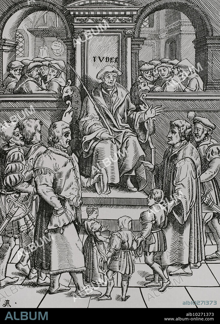 Presidencia en el Gran Bailiaje. Adopción de niños huérfanos en el Tribunal Inferior de la Gran Bailía. Facsímil de un grabado de "Le refuge et garand des pupilles, orphelins et prodigues", por Joost de Damhouder" (1507-1581). Publicado en Amberes, 1557. "Moeurs, usages et costumes au moyen-âge et à l'époque de la Renaissance", por Paul Lacroix. París, 1878.