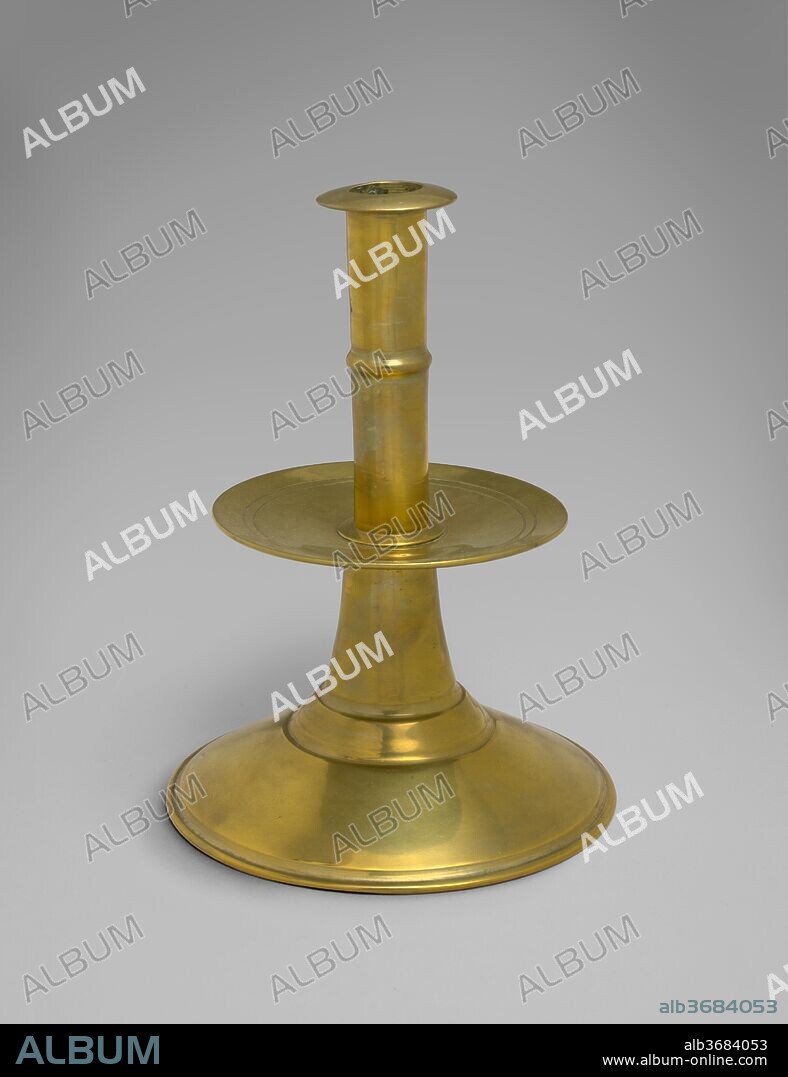 Candlestick. Dimensions: H. 8 1/2 in. (21.6 cm); Diam. 6 1/8 in. (15.6 cm). Date: 1670-1700.
A typical household in seventeenth-century New England owned several metal or ceramic candlesticks. Wax candles were an expensive rarity--most colonists made their own candles from tallow (animal fat).