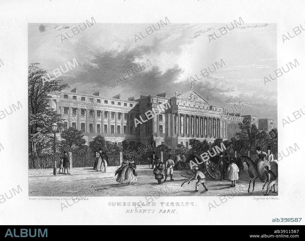 Cumberland Terrace, Regent's Park, London, 19th century. People stop to look at a carriage accident in front of the Georgian terrace facing the park.