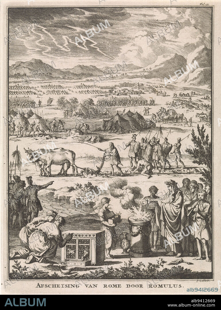 Print marked top right: Fol. 13., Romulus founds Rome Sketch of Rome by Romulus , print maker: Jan Luyken, (mentioned on object), publisher: François Halma, publisher: Willem van de Water, print maker: Amsterdam, publisher: Utrecht, publisher: Utrecht, 1697, paper, etching, h 200 mm × w 150 mm.