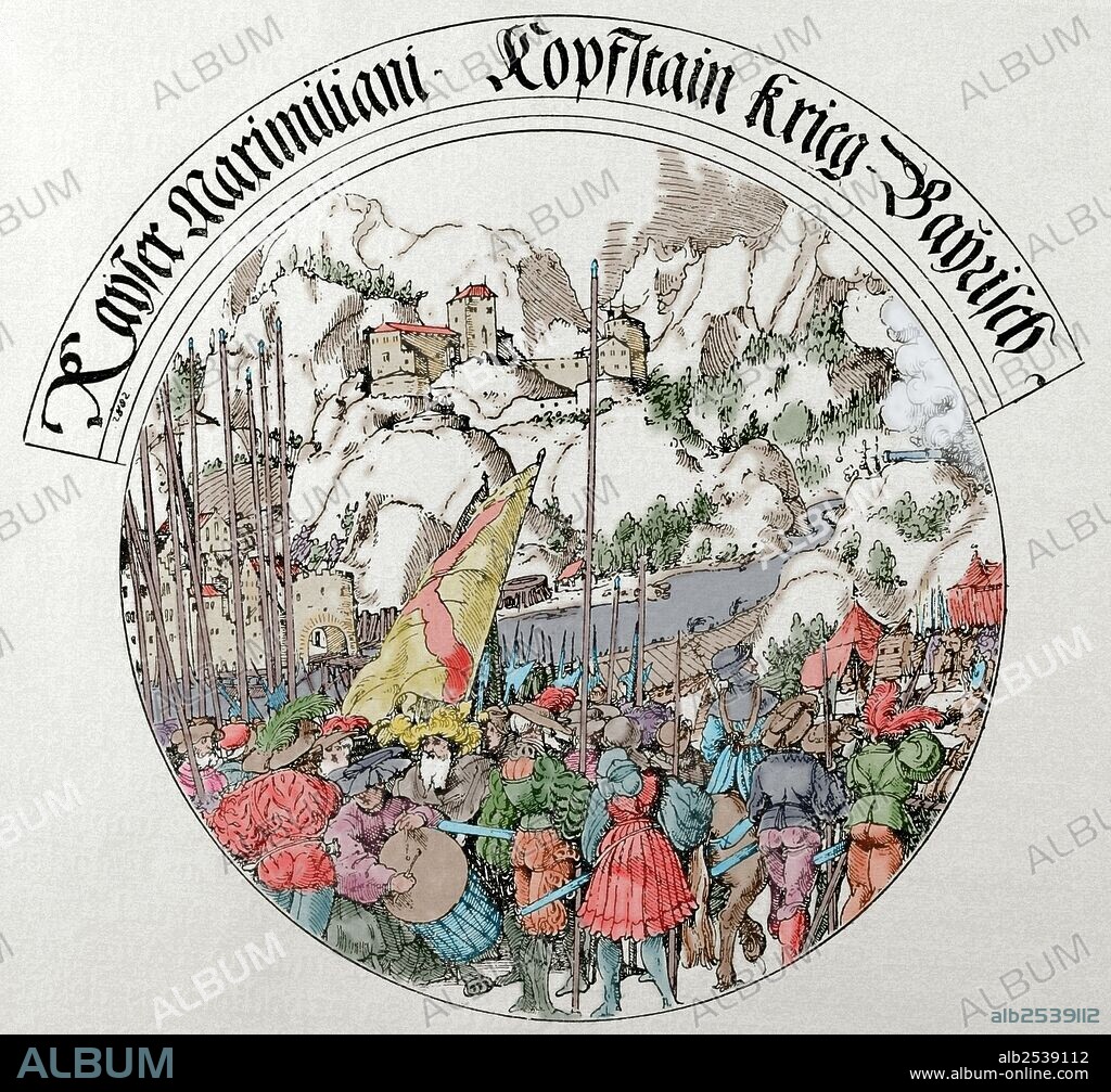 Guerra de Sucesión de Landshut (1503-1505). El emperador Maximiliano I (1459-1519), toma el territorio en torno a Kufstein para sí mismo como recompensa a su mediación (1505) en la guerra entre los Ducados de Baviera-Múnich y Baviera-Landshut. Grabado coloreado de "El Universo Ilustrado", 1882.