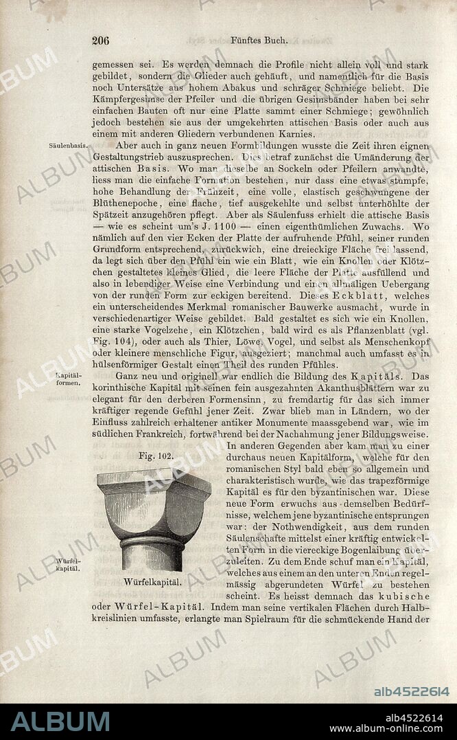 cushion capital, Capital of Romanesque style, fig. 102, p. 206, Wilhelm Lübke: Geschichte der Architektur von den ältesten Zeiten bis auf die Gegenwart. Leipzig: Verlag von Emil Graul, 1855.