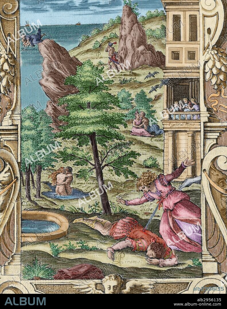 Ovid (Publius Ovidius Naso) (43 BC-17 AD). Latin poet. Metamorphoses 2-8 AD. Book IV. Engraving depicting the death of Pyramus and Thisbe. Italian edition. Venice, 1584. Colored.