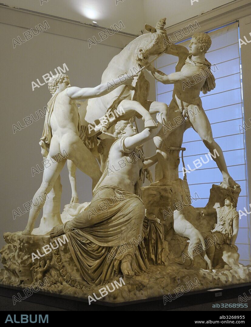 Toro Farnesio. La mayor escultura en bulto redondo de la antigüedad Clásica, obra de Apolonio de Atenas, 130 A. C. Epoca Helénica. Representa el suplicio de Dirce. Hallada en las Termas de Caracalla, Roma. Versión romana tardía. Colección Farnese. Museo Arqueológico Nacional. Nápoles. Italia.