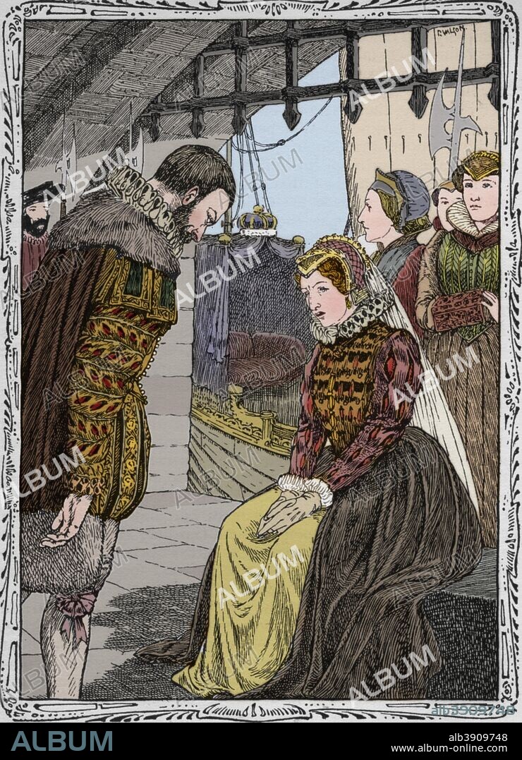 Elizabeth at Traitor's Gate, 1902. Princess Elizabeth later Queen Elizabeth I (1533-1603) was imprisoned from 18th March to 22nd May 1554 for an alleged plot against her sister Queen Mary I (1516-1558). After a work by Patten Wilson (1869-1934). From A Child's History of England by Charles Dickens [J. M. Dent & Co., New York, 1902]. (Colorised black and white print).
