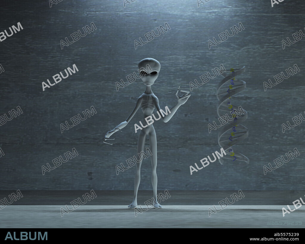 Naked gray alien being with DNA.