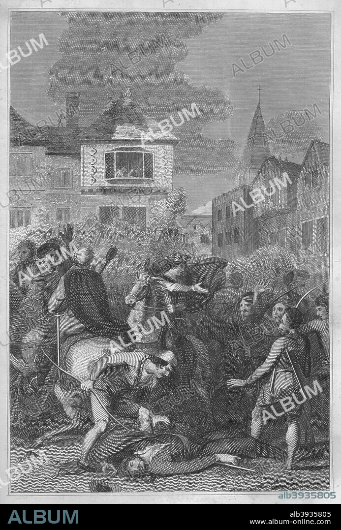 'The Death of Wat Tyler', 1838. Walter Tyler (1360-1381) was a leader of the 1381 Peasants' Revolt in England. He marched a group of rebels from Canterbury to the capital to oppose the institution of a poll tax and demand economic and social reforms. While the brief rebellion enjoyed early success, Tyler was killed by officers loyal to King Richard II during negotiations at Smithfield, London. From The History of England, Vol. 1, by David Hume, Esq. & Hewson Clarke, Esq. [Thomas Kelly, London, 1838].
