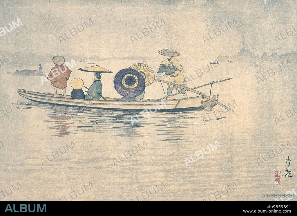 KOBAYASHI KIYOCHIKA. Spring Rain near the Great Riverbank: A Crossing Ferry Boat, c1884. From Edo.