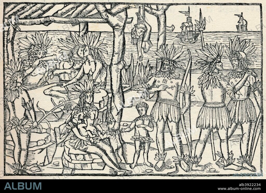The First Representation of the People of the New World, 1505. This image purports to show cannibalism amongst the people of the so called New World. After an engraving by Johann Froschauer for an edition of Amerigo Vespucci's Mundus Novus, published in Augsburg in 1505. Taken from 'A Book of Discovery', published by T. C. & E. C. Jack Ltd. 1912.