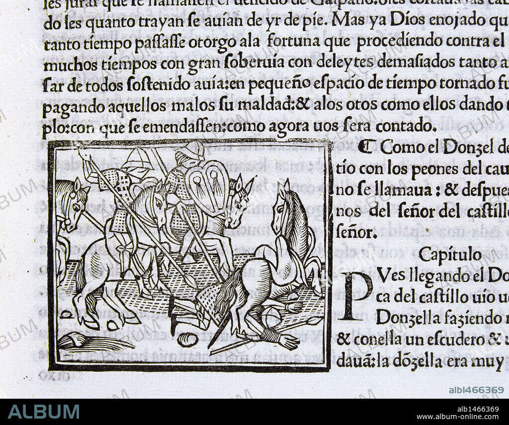 AMADIS DE GAULA, LOS CUATRO LIBROS DEL ESFORZADO CABALLERO. Libro de caballerías, el más difundido en la Europa del s. XVI. Detalle de una de las ilustraciones de la edición de 1533.