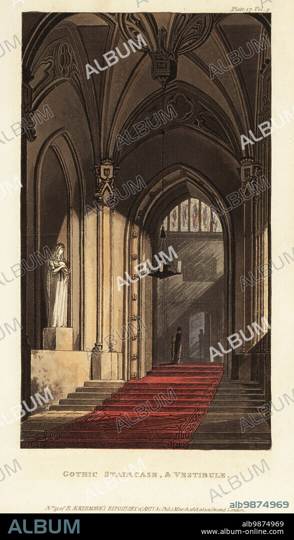 Gothic staircase and vestibule. View of a high arched entrance hall with carpeted stairs, alcove with statue, candle chandelier and stained glass windows. The Gothic revival in English architecture lasted from the mid 18th century to the Victorian era. Handcoloured copperplate engraving from Rudolph Ackermanns Repository of Arts, Literature, Fashions, Manufactures, etc., Strand, London, 1813.
