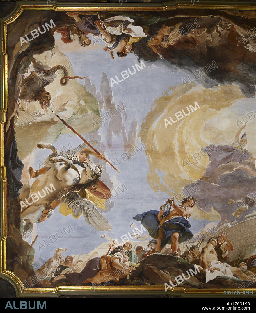 The Power of Eloquence, by Giambattista Tiepolo, 1724-1725, 18th Century, fresco,. Italy, Veneto, Venice, Palazzo Sandi. Detail. Mercury Minerva Centre Amphitryon lyre walls of Thebes Orpheus calling back Eurydice from Hades Bellerophon riding Pegasus killing the chimera horse warhorse monster, Photographic Campaign 2010.