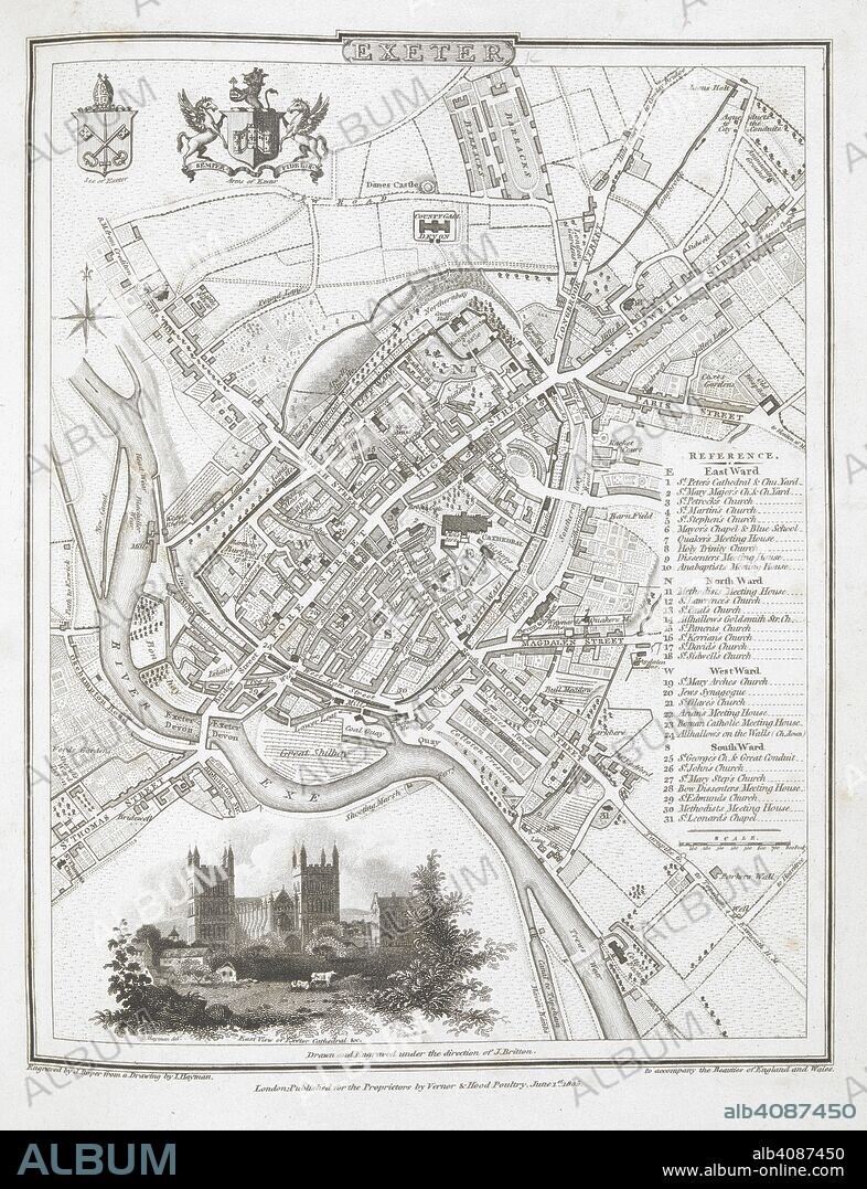 A plan of Exeter. Exeter. Scale, 800 feet[ = 25 mm.] ... Engraved by J. Roper, from a drawing by I. Hayman ... 1805. London : Vernor, Hood, and Sharpe, 1810. Source: Maps 11.b.3, page 70. Language: English.