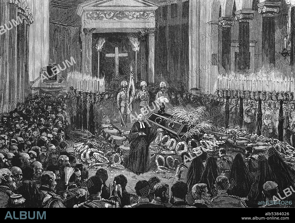 Historical engraving, death of Emperor Frederick, funeral ceremony at Friedenskirche church, Frederick III, full name Frederick William Nicholas Charles of Prussia, 1831-1888, German Emperor and King of Prussia for 99 days, 1888