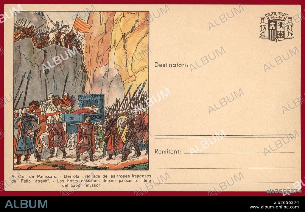 Batalla del coll de Panissars en 1285. Derrota y retirada de las tropas francesas de Felipe III a manos de Pedro el Grande, rey de la Corona de Aragon. Tarjeta postal emitida por el Comisariat de Propaganda de la Generalitat de Catalunya. Año 1937.