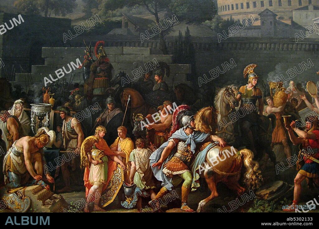 The Triumph of Aemilius Paulus, 1789; procession celebrating the victory of the Roman general Aemilius Paulus over King Perseus of Macedonia in 168 B.C. Aemilius is shown on the gold chariot on the right followed by prisoners, among whom is Perseus with his family. The temple of Jupiter Capitolinus with its hundred steps dominates the background.  Antoine Charles Horace Vernet aka. Carle Vernet (14 August 1758 – 17 November 1836) was a French painter, the youngest child of Claude Joseph Vernet, and the father of Horace Vernet..