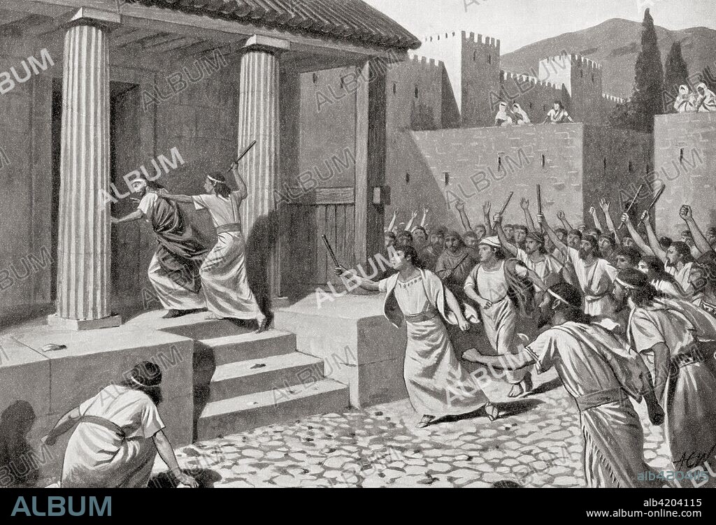 Alcander a young man of Sparta attacking Lycurgus and stabbing out one of his eyes when his fellow-citizens were discontented with the laws Lycurgus proposed.  Lycurgus, c. 900-800 BC.  Quasi-legendary lawgiver of Sparta who established the military-oriented reformation of Spartan society in accordance with the Oracle of Apollo at Delphi.  From Hutchinson's History of the Nations, published 1915.