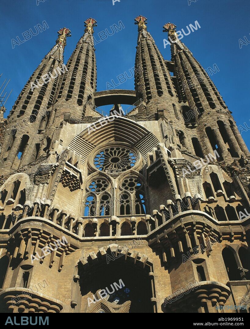 Temple of Charity of the Sagrada Familia, Barcelona (UNESCO World Heritage List, 1984), by architect Antoni Gaudi. Spain. 20th century.