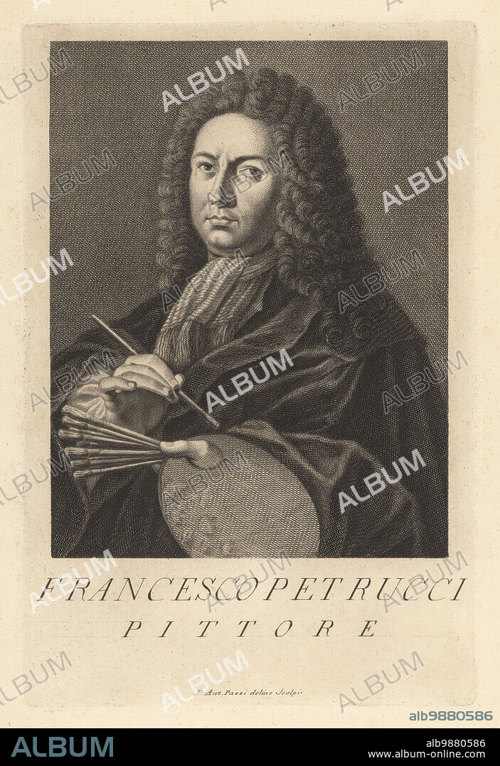 Francesco Petrucci, Italian painter and intermediary draughtsman on prints by Lorenzini, Mogalli and Vercruysse, 1660-1719. Pittore. Copperplate engraving drawn and engraved by Pietro Antonio Pazzi after a self portrait by the artist from Francesco Moucke's Museo Florentino (Museum Florentinum), Serie di Ritratti de Pittori (Series of Portraits of Painters) stamperia Mouckiana, Florence, 1752-62.
