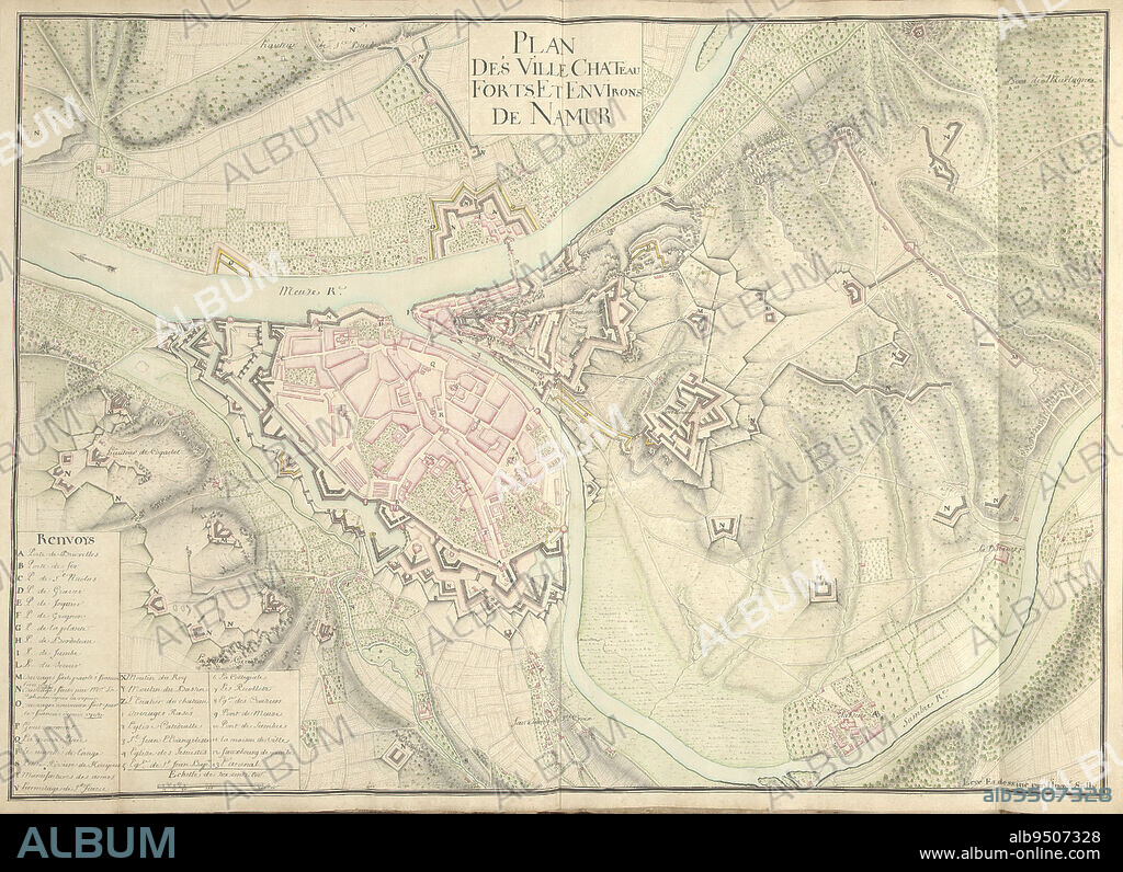 Map of Namur, ca. 1701-1715, Nicolas Suly, 1701 - 1715, Map of the fortifications around the city of Namur with the castle, ca. 1701-1715. Bottom left legend A-Z and 1-13 in French. Part of a collection of drawn plans of fortified towns in the Netherlands and surrounding countries at the time of the War of the Spanish Succession (part B)., draughtsman: Nicolas Suly, (mentioned on object), Netherlands, 1701 - 1715, paper, h 530 mm × w 730 mm.