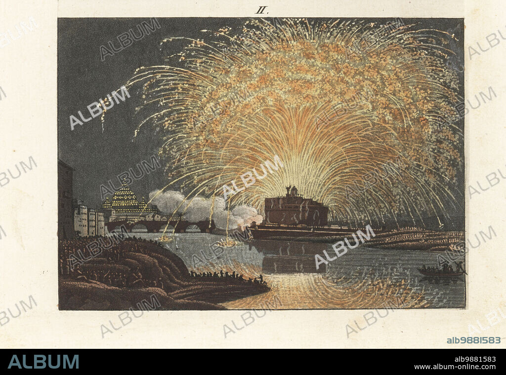 View of the annual fireworks at the Castel Sant'Angelo, Rome. The fireworks concluded with the Girandola of 5,000 rockets. The Basilica of St. Peter is illuminated in the background. Handcoloured copperplate engraving from Carl Bertuch's Bilderbuch fur Kinder (Picture Book for Children), Weimar, 1813. A 12-volume encyclopedia for children illustrated with almost 1,200 engraved plates on natural history, science, costume, mythology, etc., published from 1790-1830.