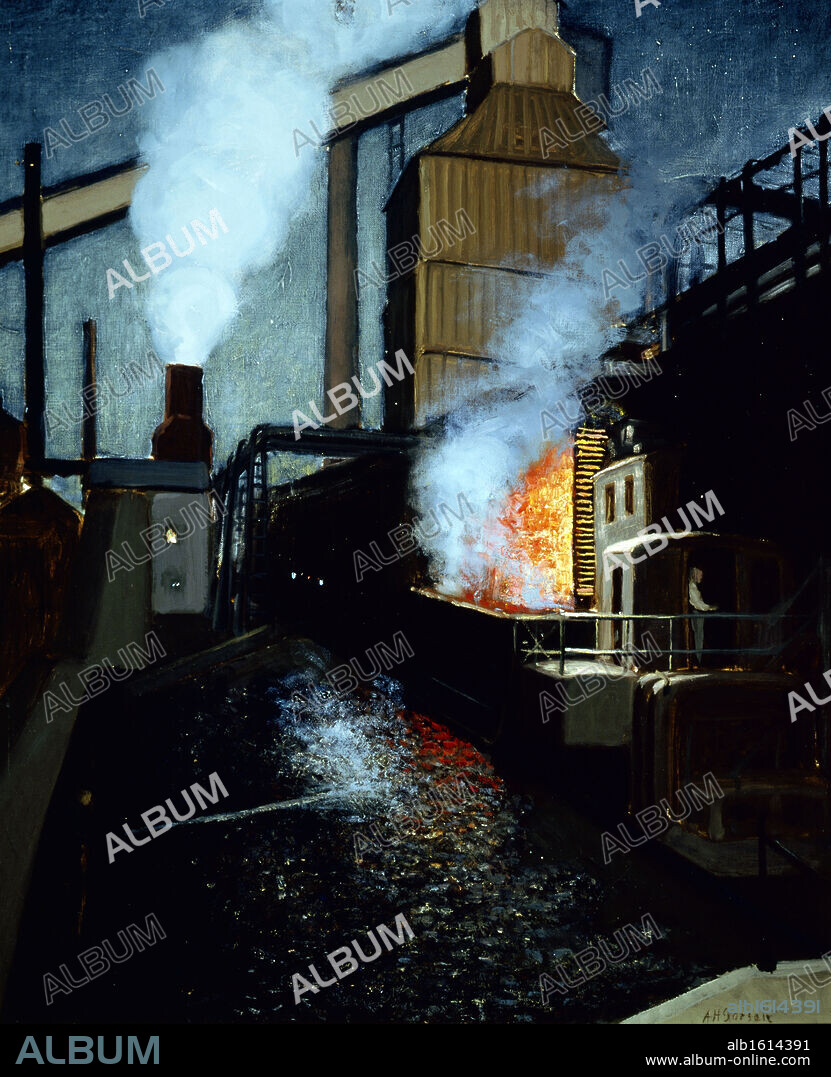 AARON HARRY GORSON. Pushing Coke from By-Product Oven by Aaron Henry Gorson,  oil on canvas,  (1872-1933),  USA,  Pennsylvania,  Philadelphia,  Pennsylvania State University,  College of Earth and Mineral Sciences,  Steidle Collection.